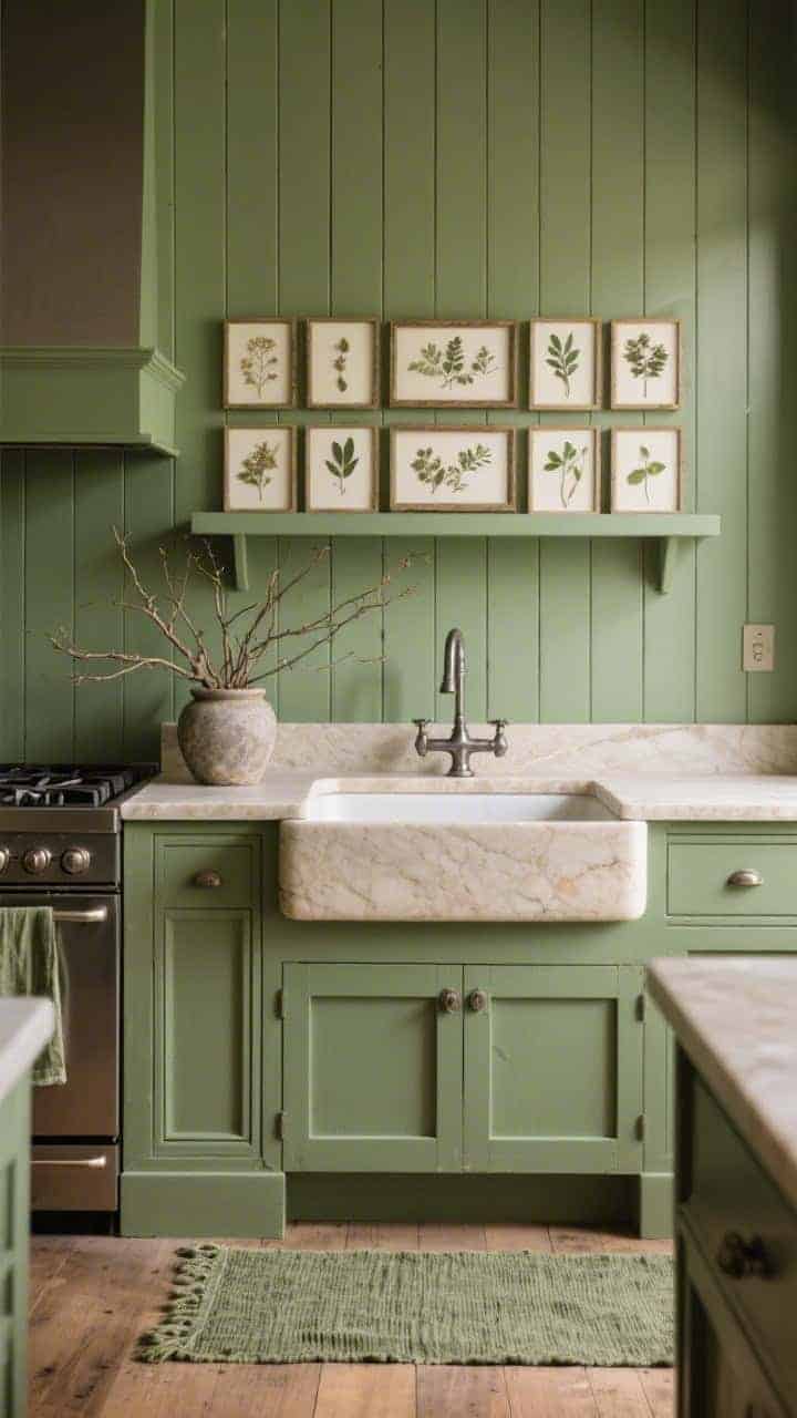 Medium shot of moss-green beadboard walls with a limestone apron-front sink, pewter hardware, and creamy soapstone counters. A tidy grid of framed pressed botanicals above the stove shelf, and foraged branches in a stone crock on the counter. A sage runner softens the floor. Quiet, earthy, subtly romantic tone; soft, natural light; photorealistic.