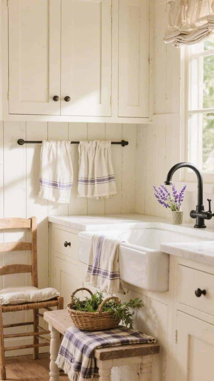 Medium shot of sink and textiles: buttermilk shiplap walls and soft ivory cabinets with a matte black bridge faucet and iron bin pulls for contrast. Lavender-sprig linens throughout—tea towels draped at the sink, roman shades, and chair cushions—plus a simple ladder-back bench holding a basket of fresh herbs and a plaid throw. Sun-kissed farmhouse, Provençal notes; warm, soft daylight; photorealistic.
