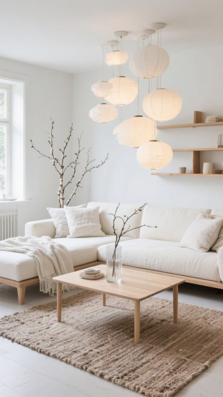 Medium shot, Scandinavian Summer: a low-profile cream sofa with crisp cotton throws and slub-linen pillows; light ash wood coffee table and slim oak shelving styled minimally; cream-and-taupe flatweave rug underfoot; cluster of paper lantern pendants casting soft, cloudlike light; birch branches in a clear cylinder vase on the table; palette of cream, ash, pale grey, soft taupe; bright, clean daylight, photorealistic.