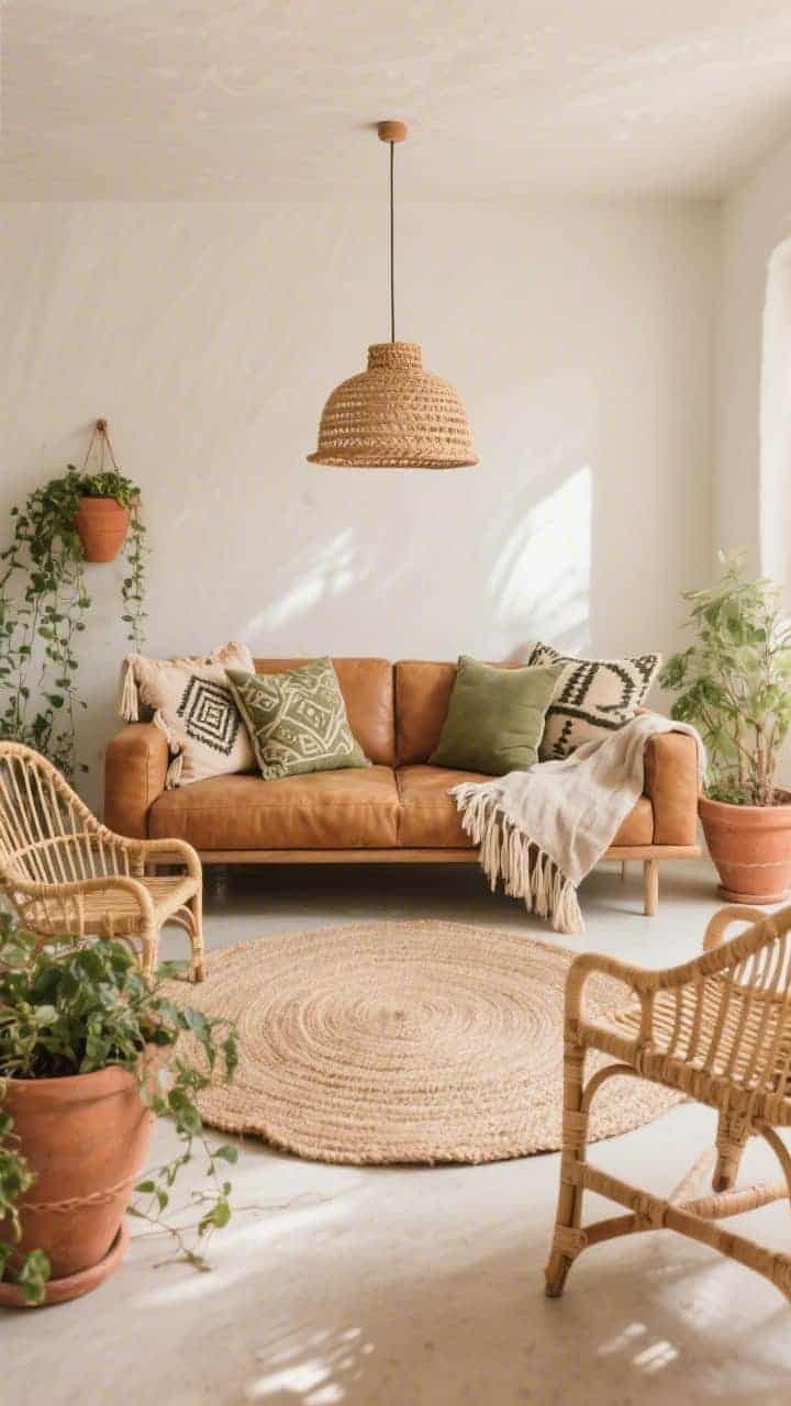 Medium shot, Sun-Bleached Boho: a camel leather low-profile sofa flanked by rattan accent chairs with airy cane backs; layered rugs with a round jute rug atop a larger pale natural flatweave; overhead woven pendant light; handmade terracotta planters with trailing greenery around the seating; palette of terracotta, camel, natural, olive green; visible mix of pillow covers with block prints, tassels, and slub cotton; soft afternoon light, photorealistic.