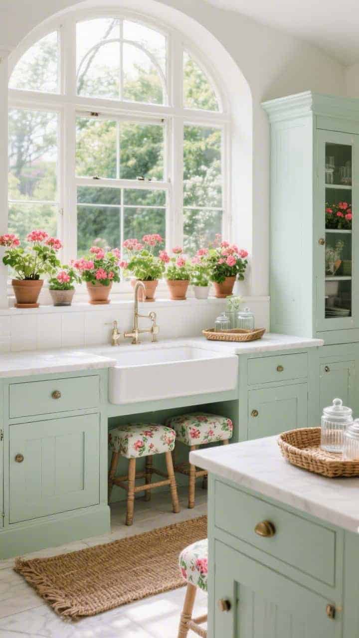 Medium shot toward a big greenhouse window overflowing with potted geraniums above a sink, flooding the space with afternoon light. Mint cream cabinets, crisp white accents, and a freestanding larder cupboard. Counter stools with floral box cushions echo the geranium hues; a woven runner, wicker trays, and glass canisters keep it airy. Fresh garden cheer; photorealistic.