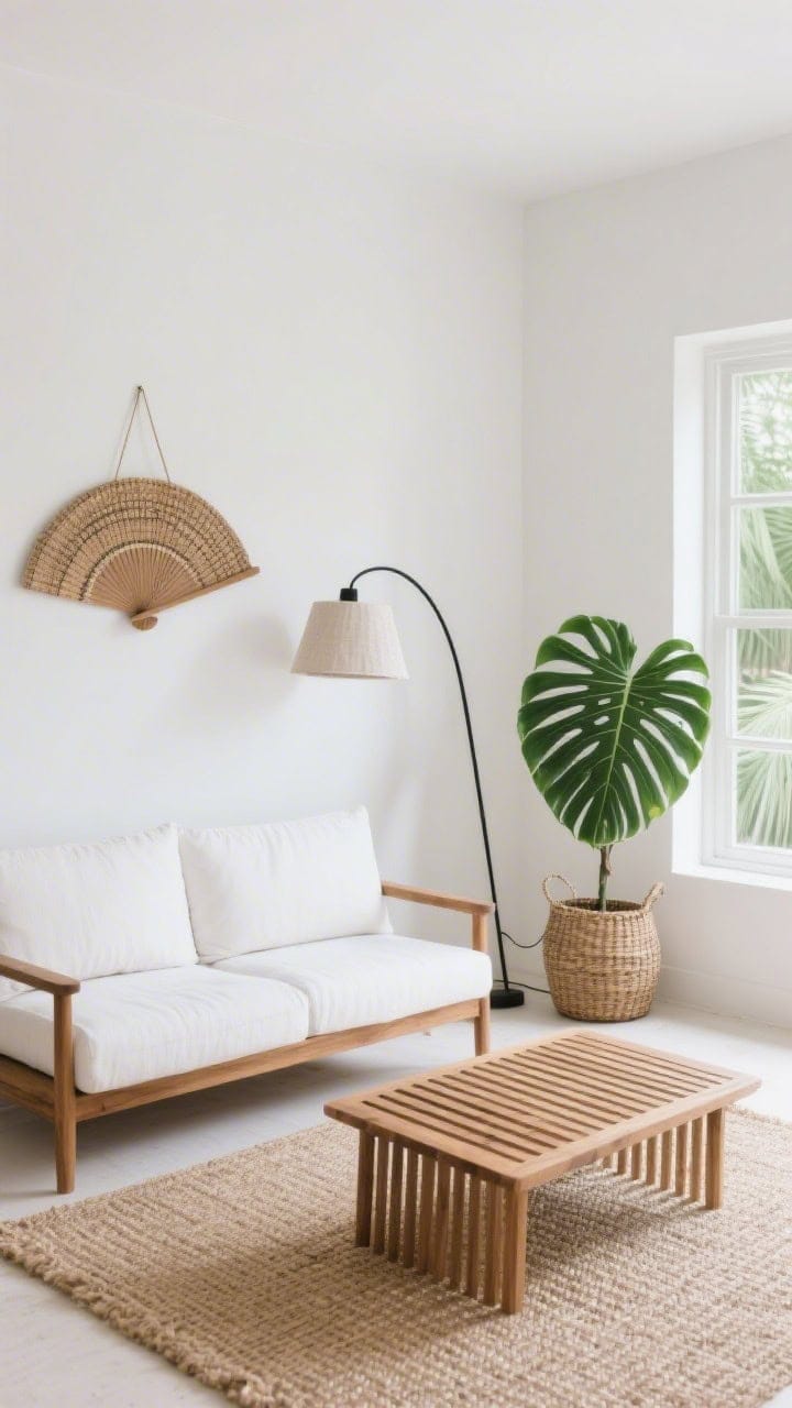 Medium shot, Tropical Minimalism: a teak frame sofa with crisp white cushions paired with a matching teak slatted coffee table on a fine-weave sisal rug; a large monstera in a woven palm basket near the window; a single oversized woven fan hung as art on a white wall; slim black arc lamp with a linen shade; restrained decor, white, teak, sisal, leafy green palette; calm morning light, photorealistic.