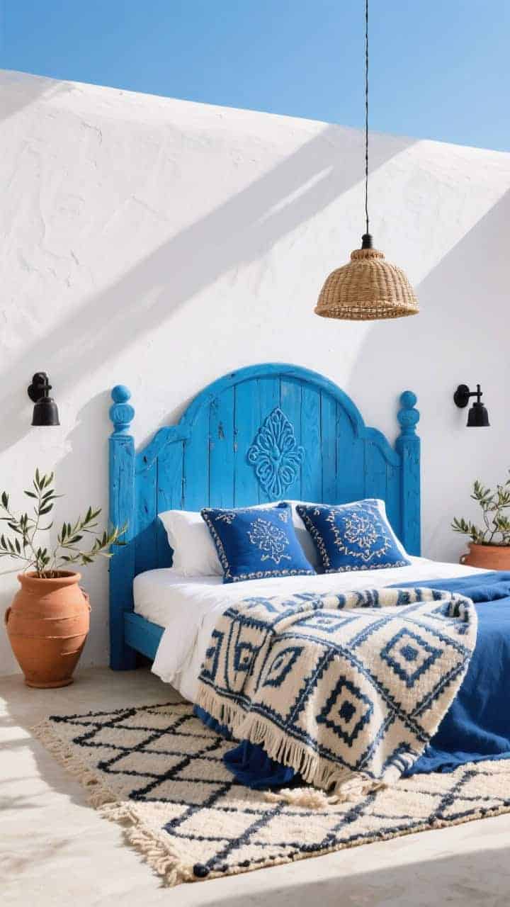 Medium shot with Mediterranean blue contrast: white plaster-look walls, carved wood headboard painted washed azure, saturated cobalt textiles—embroidered pillows, block-printed throws—on the bed, chunky cotton rug with geometric motifs; terracotta pots with olive branches on each side, matte black hardware, woven pendant overhead; bright sunlit island vibe.