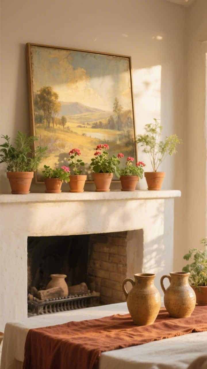 Medium shot with sun-washed warmth: mantle lined with petite terracotta pots in varying heights planted with herbs and mini geraniums; a casually leaning sun-faded landscape painting behind; rust linen runner grounding the look; a few unglazed ceramic pitchers adding patina; golden late-afternoon light; photorealistic.