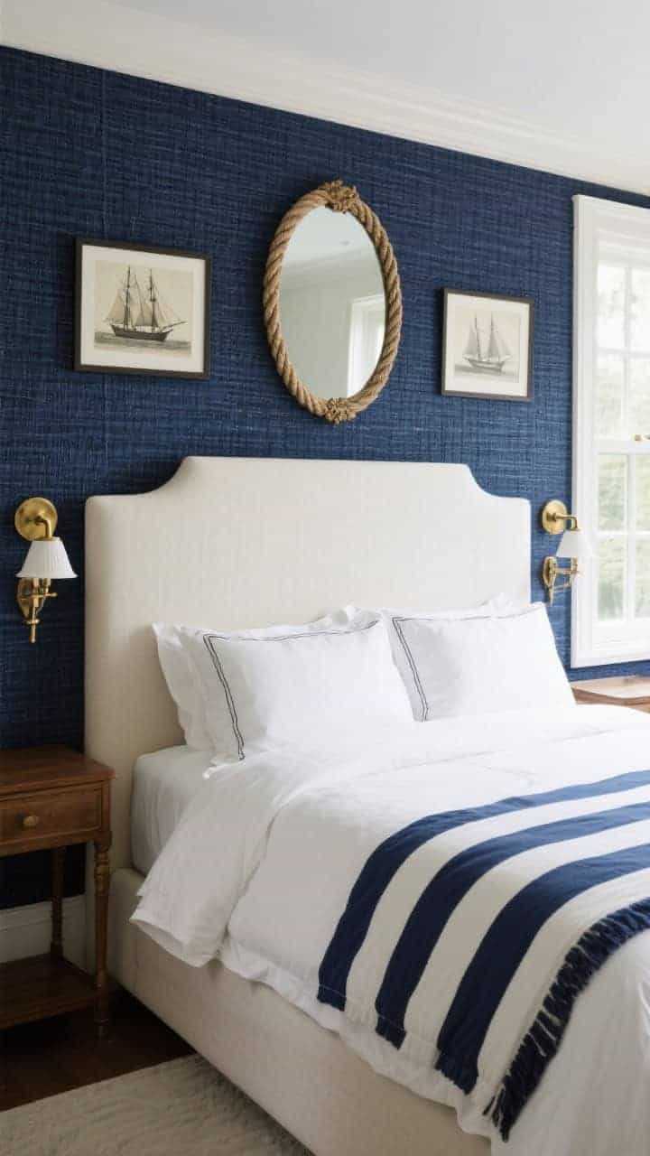 Medium, straight-on view of a navy grasscloth accent wall behind an ivory tall upholstered headboard; white hotel bedding layered with a navy striped coverlet; polished brass sconces flanking the bed; rope-framed mirror and vintage ship prints arranged neatly; crisp, classic nautical palette, soft directional window light.