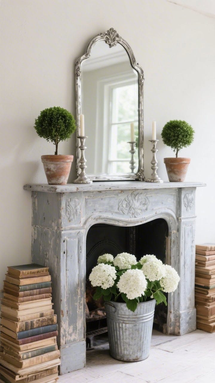 Medium-wide French cottage vignette: distressed French grey mantle with an arched antique silver mirror centered; petite boxwood topiaries in aged clay pots flanking; vintage silver candlesticks tucked between stacks of timeworn books; on the hearth, a galvanized bucket brimming with white hydrangeas; airy, timeless feel with soft morning light and gentle reflections on tarnished metal; photorealistic.