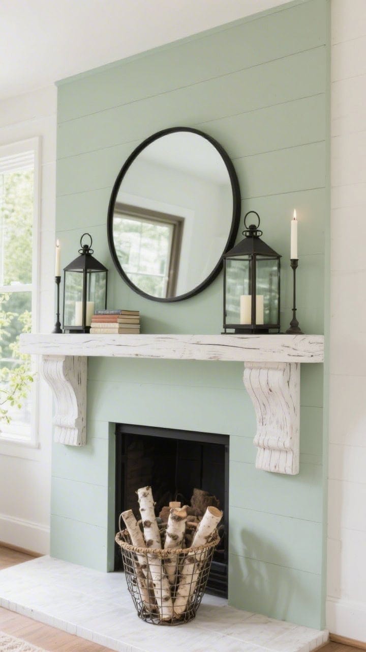 Medium-wide modern farmhouse view: gentle sage green mantle with a round black metal mirror above; iron lanterns holding ivory candles flank the mirror; pair of whitewashed wood corbels used as sculptural bookends; on the hearth, a wire basket corralling birch logs; crisp, spring-forward calm with balanced daylight; photorealistic.