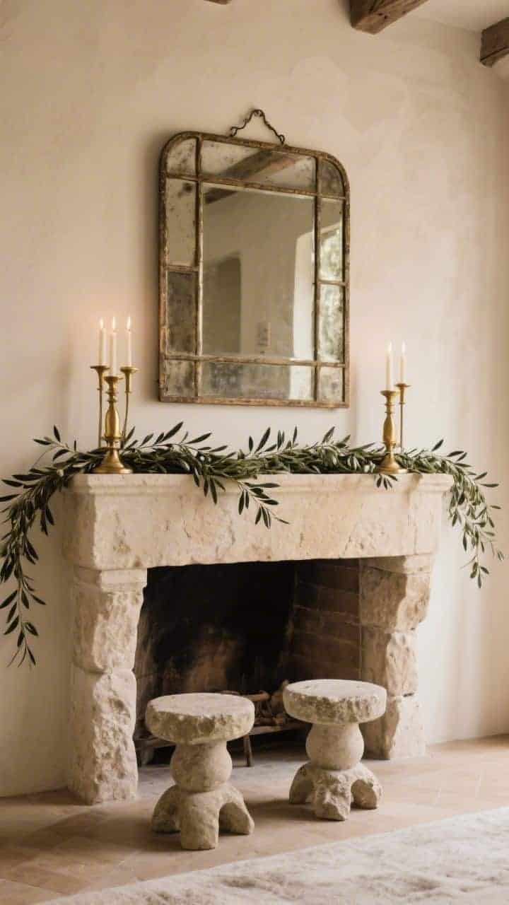 Medium-wide rustic luxe: limestone-look mantle with heavy brass candleholders and a rectangular antiqued mirror; a long olive branch garland draped for gentle movement; below, two stone garden stools as sculptural anchors; refined yet tactile, warm neutral lighting; photorealistic.