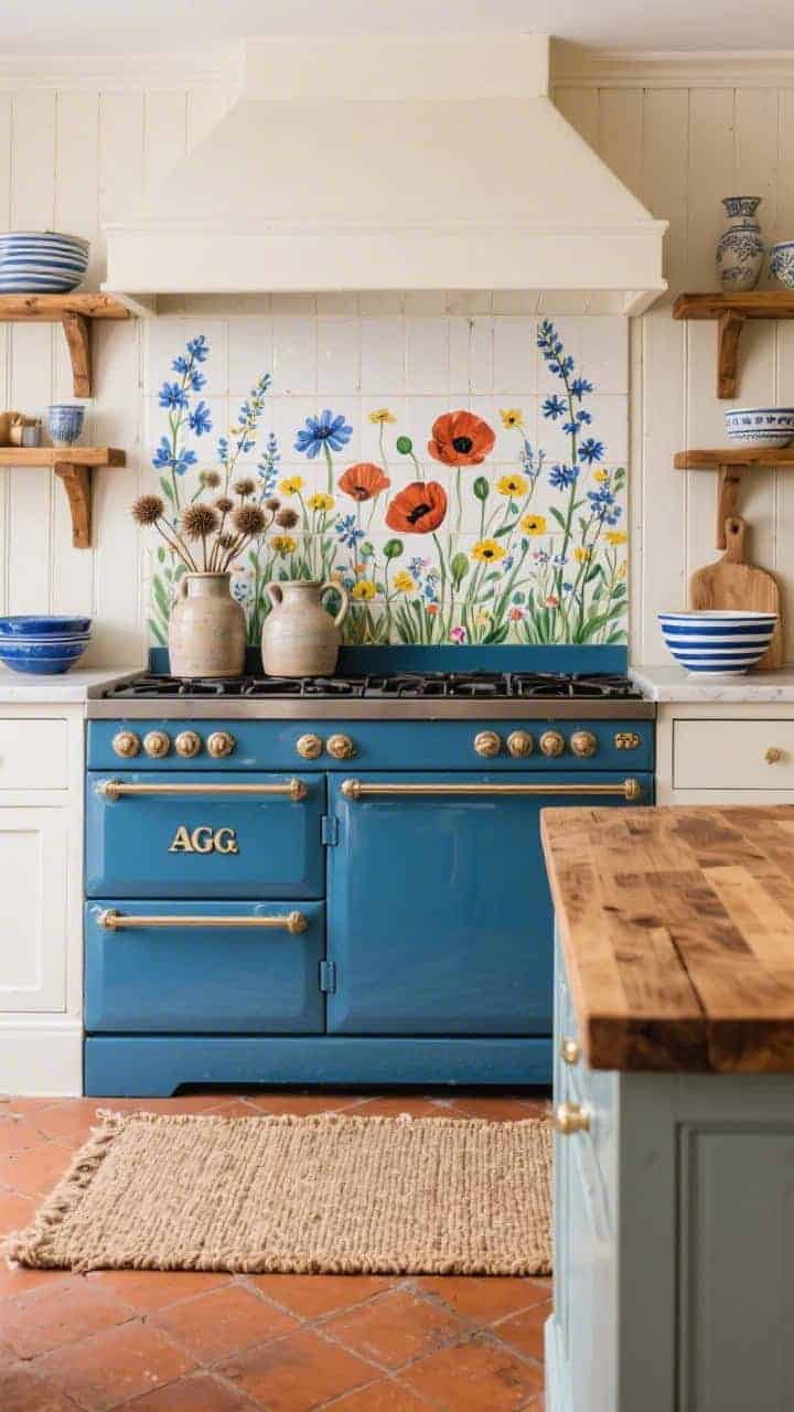 Medium-wide stove wall shot: a cobalt-blue AGA range against beadboard walls, rustic terracotta floors, and open pine shelves. Over the stove, a hand-painted wildflower tile backsplash mural bursts with cornflowers, poppies, and buttercups. Stoneware jugs filled with dried thistles, blue-striped bowls, a woven jute rug edge, and a butcher-block island warming the scene. Hearth-and-home, painterly vibe; cream and pine accents; photorealistic.