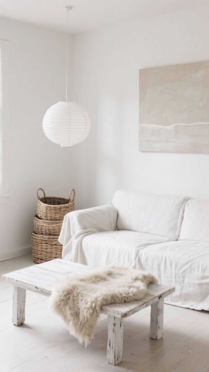 Minimal Scandinavian shabby medium shot: simple slipcovered sofa in white/oatmeal, bleached wood coffee table, sheepskin throws; palette of white, oatmeal, pale dove grey; unframed canvas art in soft neutrals on the wall; paper lantern lighting hanging overhead; stacked woven storage baskets; calm, airy, natural daylight.
