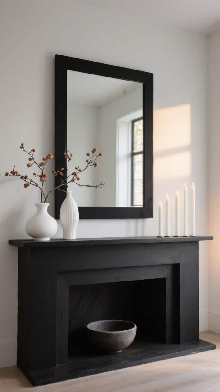 Minimalist closeup, straight-on: matte black painted mantle with a large black-trimmed mirror; white sculptural vases containing minimalist budding cherry or quince branches; slim row of unscented white pillar candles; hearth nearly empty except a single charcoal pottery bowl; crisp contrast, gallery-like calm during golden hour side light; photorealistic.