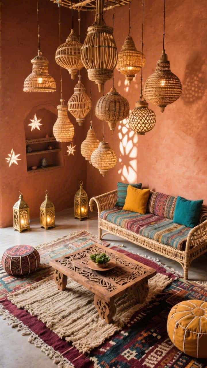 Overhead detail of a boho seating zone: layered rugs (kilim and natural weaves) beneath a carved mango-wood coffee table; rattan daybed and floor poufs at edges; a cluster of woven lantern pendants (rattan, cane, bamboo) hanging at varying lengths casting warm patterned shadows; Moroccan brass lanterns on the floor and shelf corners for starry cutouts; terracotta wall backdrop, pops of saffron, teal, and garnet; cozy, eclectic glow, photorealistic.