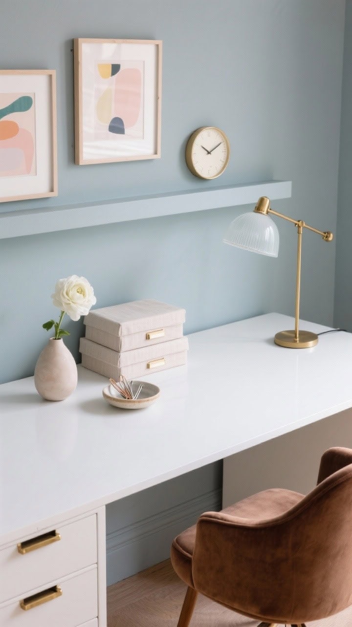 Overhead detail shot of a calm workspace vignette: white lacquer desk with brass pulls against hushed gray-blue wall; gallery ledge above holding two abstract pastel pieces and a small clock; brass task lamp with a milky glass shade casting soft focused light onto the surface; linen-covered boxes stacked neatly; pale ash filing cabinet edge visible; petite vase with white ranunculus and a ceramic dish holding paper clips; mushroom velvet chair partially framed at the bottom edge. Photorealistic, orderly, soft pastels.