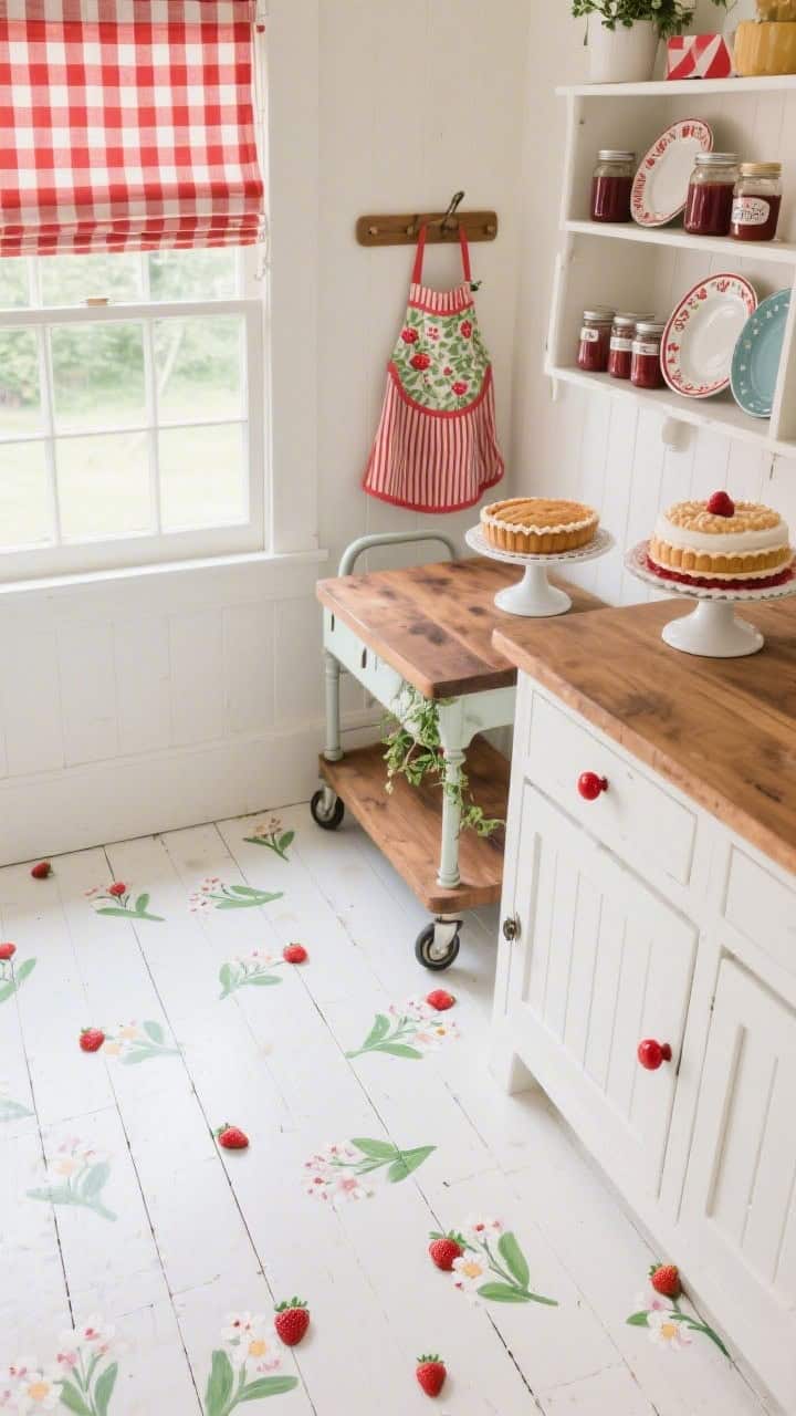 Overhead detail shot of hand-painted white floorboards scattered with tiny strawberry blossoms. Edge of white shaker cabinets with cherry-red knobs visible, a red-and-white gingham roman shade casting soft light. A vintage baker’s rack with jam jars, enamel pie plates, and a cheerful cake stand; a butcher-block trolley nearby; spriggy apron on a peg. Playful summer-fair mood; photorealistic.
