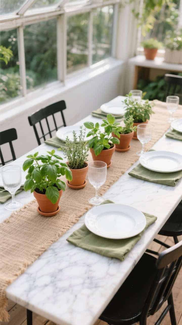 Overhead greenhouse-fresh vignette: marble top table with a simple jute runner; neat row of terracotta pots holding basil, thyme, and mint; white coupe plates and olive linen napkins at the edges; clear stemware catching natural light; black ladder-back chair tops peeking into frame; crisp, aromatic, fresh mood.