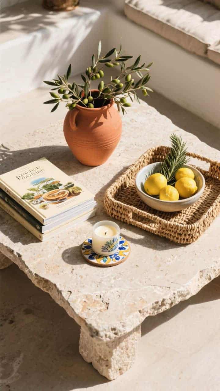 Overhead medium shot on a raw-edge stone coffee table; a woven seagrass tray with travel and culinary books in olive and cream; a terracotta urn filled with olive branches and a shallow ceramic bowl of real lemons; a cypress-scented candle and a hand-painted tile used as a coaster; sun-drenched Mediterranean mood with fresh, fragrant visuals.