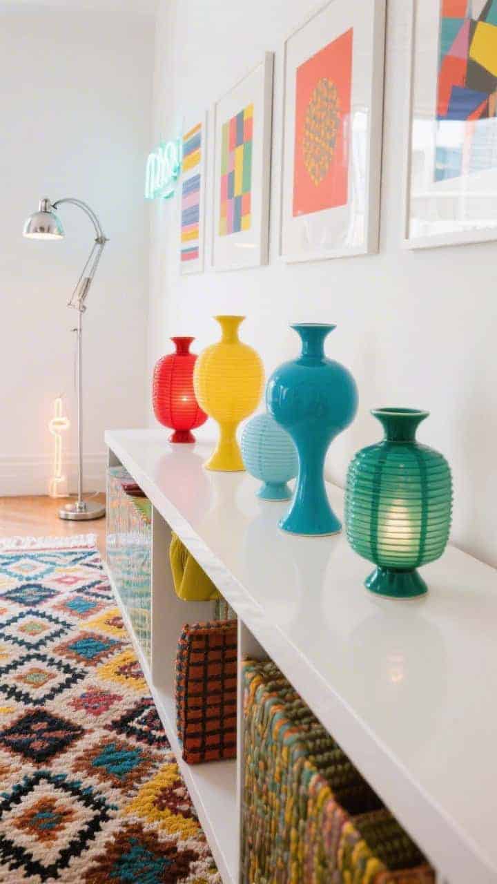 Overhead tabletop shot of a color-pop lantern gallery on a long console: ceramic lanterns in tomato red, lemon, sky blue, and jade, all different shapes and heights arranged in a rhythmic line; white gallery wall backdrop reflecting color; pattern-mix rug below (Memphis meets tribal) partially visible; grid of bold modern prints nearby; chrome arc floor lamp and a subtle neon sign glow at edge; crisp, playful, photorealistic.