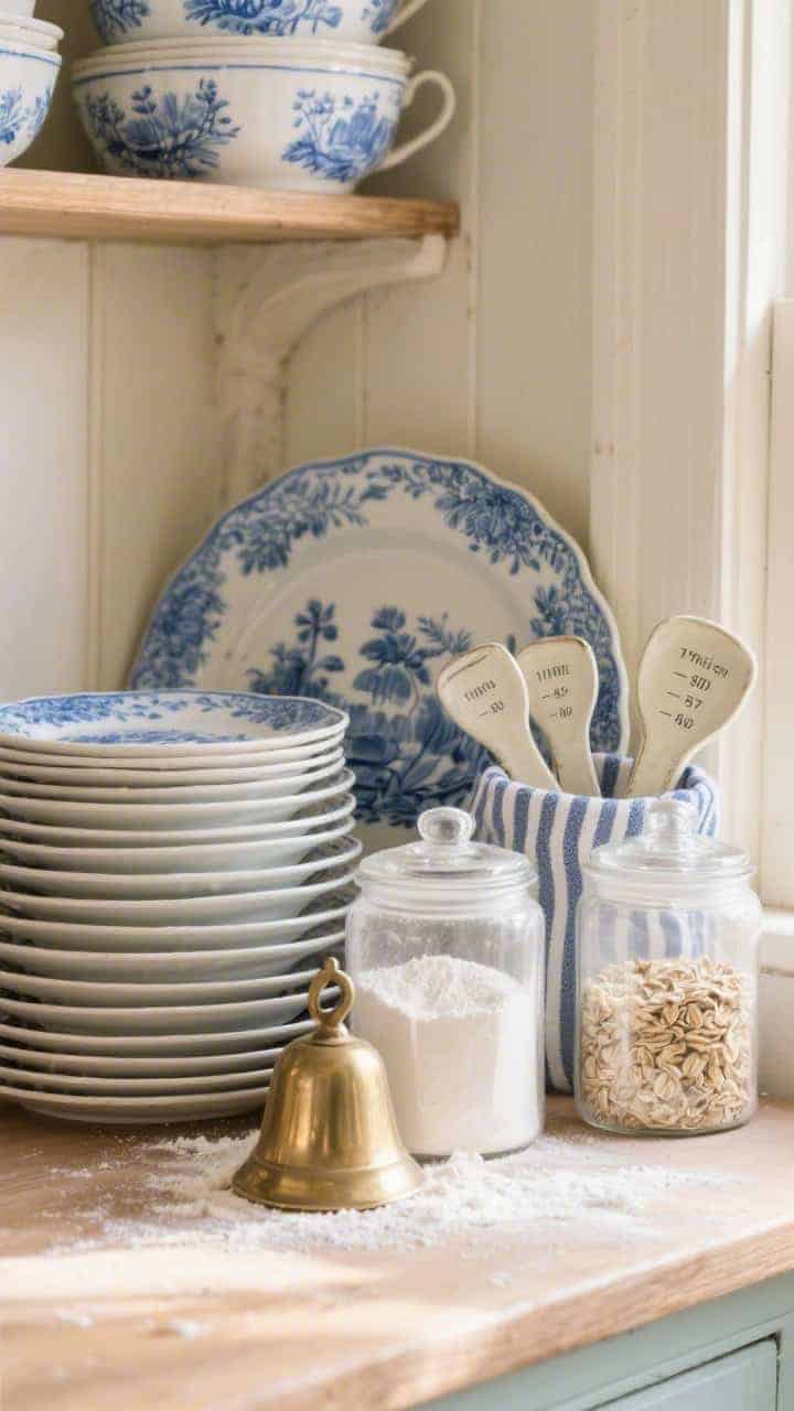 Photorealistic closeup detail of a Blue Willow bakery nook. Blue Willow china: stacked plates by size with a leaned platter backdrop. Vintage measuring cups tucked in. Clear glass canisters filled with flour, sugar, and oats add texture. Include a brass bakery bell and a striped ticking cloth. Warm, cozy morning light, flour dust subtly visible.