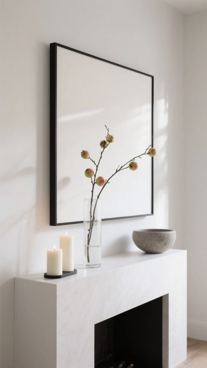 Photorealistic closeup detail of a modern minimal mantle styled with negative space: a thin black metal frame around a floating white canvas, a tall clear cylinder vase holding three airy quince branches, two off-white pillar candles, and a single matte stone bowl spaced widely; soft diffused daylight, crisp shadows, straight-on composition emphasizing serene, sculptural simplicity.