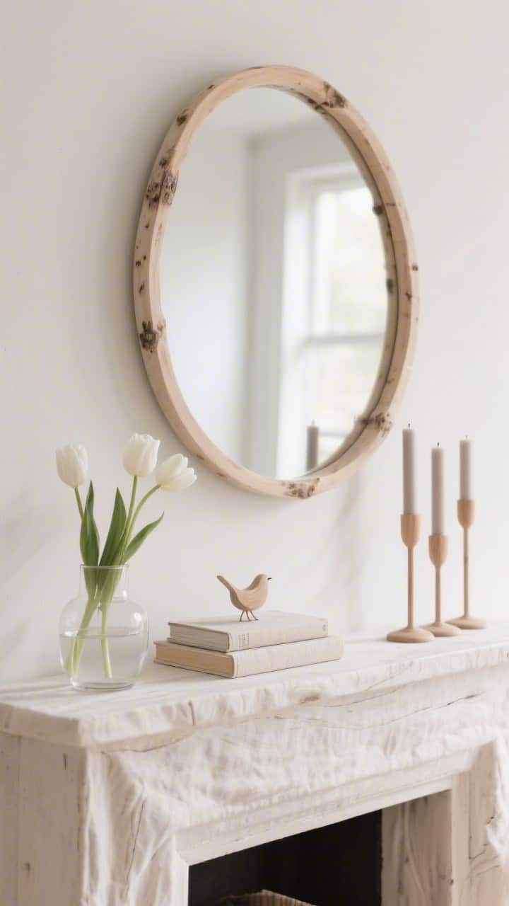 Photorealistic closeup detail of a Scandi-light mantle: round birch-framed mirror centered; a trio of oak candlesticks in graduating heights with pale taupe tapers; a simple glass bud vase with a few white tulips; linen-wrapped books and a tiny bleached-wood bird; tones of ivory, oat, birch, and cloud; soft, even daylight highlighting wood grain and linen texture; straight-on crop.