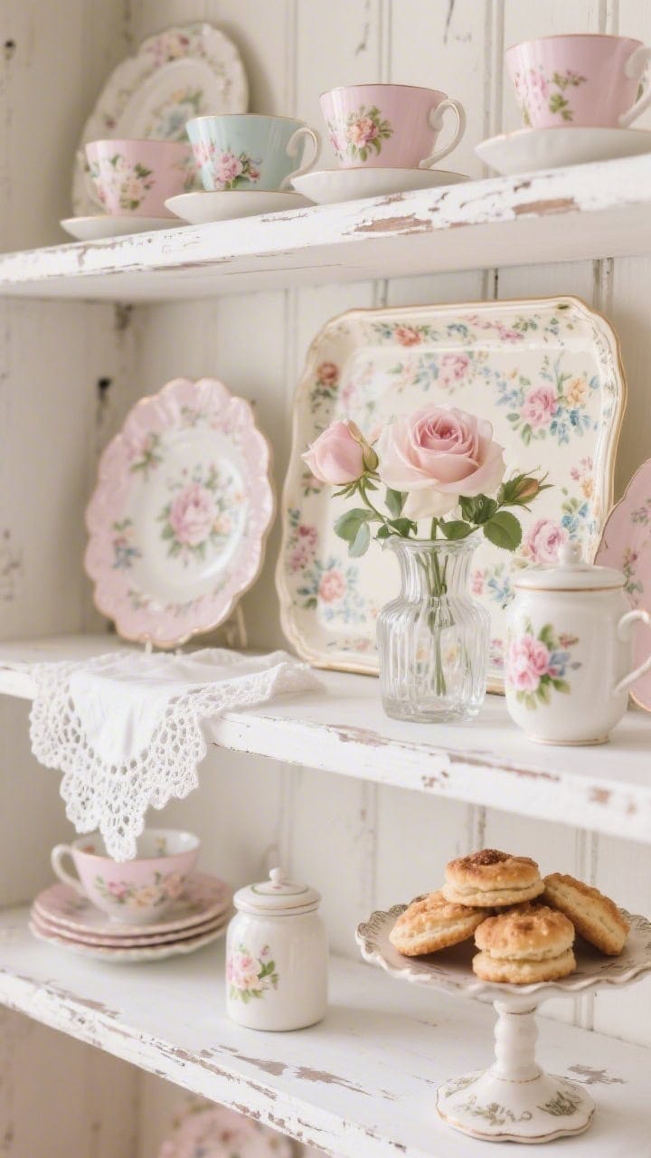 Photorealistic closeup detail of chippy white shelves styled with pastel floral teacups and hand-painted sugar jars. A floral tray is propped as a backdrop, ruffled-edge plates spotlighted. Lace-trimmed tea towels thread through the scene, a miniature milk-glass vase with garden roses, and a vintage cake stand topped with faux scones. Soft, romantic light.