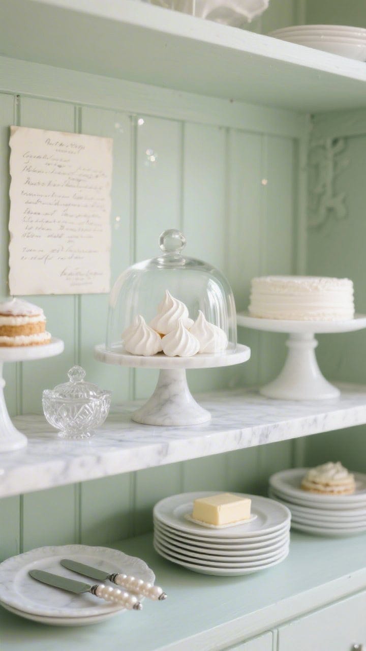 Photorealistic closeup detail of pale sage-painted shelves with pâtisserie whites. White cake stands layered with dessert plates; a glass cloche over faux meringues on a sliver of marble. Pearl-handled knives and a pressed-glass butter dish glint softly. A framed handwritten recipe leans behind. Airy, luminous light with subtle sparkle.