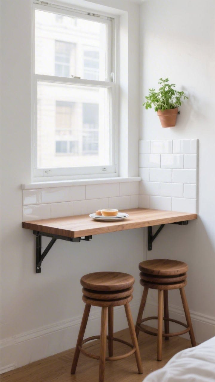 Photorealistic closeup detail shot, straight-on: fold-down oak counter mounted under a window, just deep enough for breakfast plates; glossy white subway tile backsplash from counter to sill; two stackable bentwood stools tucked neatly underneath; a tiny wall-mounted pot with fresh herbs; bright daylight streaming through the window, clean micro-apartment vibe.