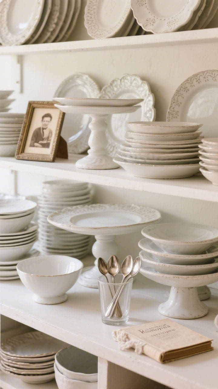 Photorealistic closeup of a curated ironstone display. Staggered white ironstone in varied sizes; serving platters layered behind stacks of bowls; pedestal stands for height. Add miniature frames with sepia family photos, silver spoons in a tumbler, and a linen-bound recipe book leaning casually. Gentle, nostalgic light.