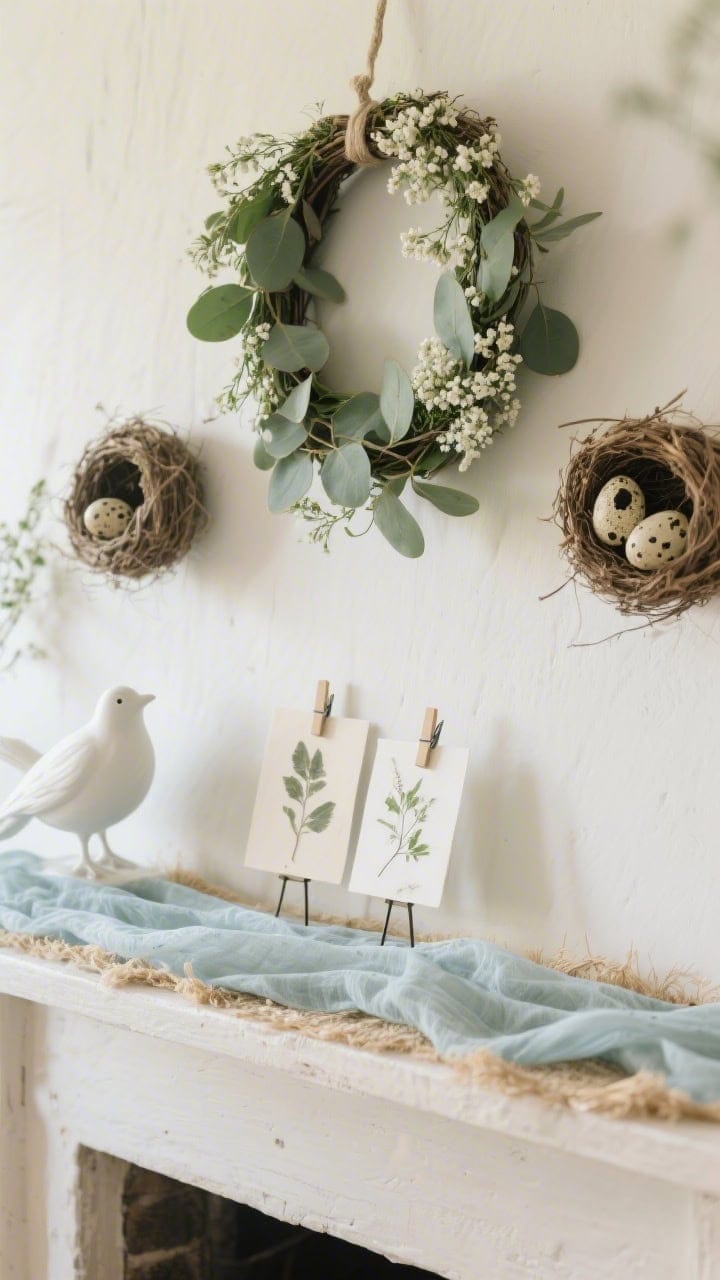 Photorealistic closeup vignette of a cottagecore birdsong mantle: a small eucalyptus-and-baby’s-breath wreath hanging above, two tiny twig nests with faux speckled eggs on the ledge, a white ceramic bird, pressed botanical cards clipped to mini stands, and a gauzy muslin runner; soft palette of sage, cream, dusty blue, and straw; diffused daylight; slightly angled, intimate detail.