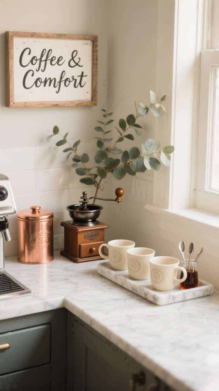 Photorealistic corner-angle medium shot of a compact coffee bar. Line up cream mugs with embossed details, nestle copper canisters, and lean a vintage coffee grinder as a focal piece. A marble tray holds syrups and tiny spoons; eucalyptus stems add freshness. Include a hand-lettered “Coffee & Comfort” sign. Gentle morning light on cream and copper.