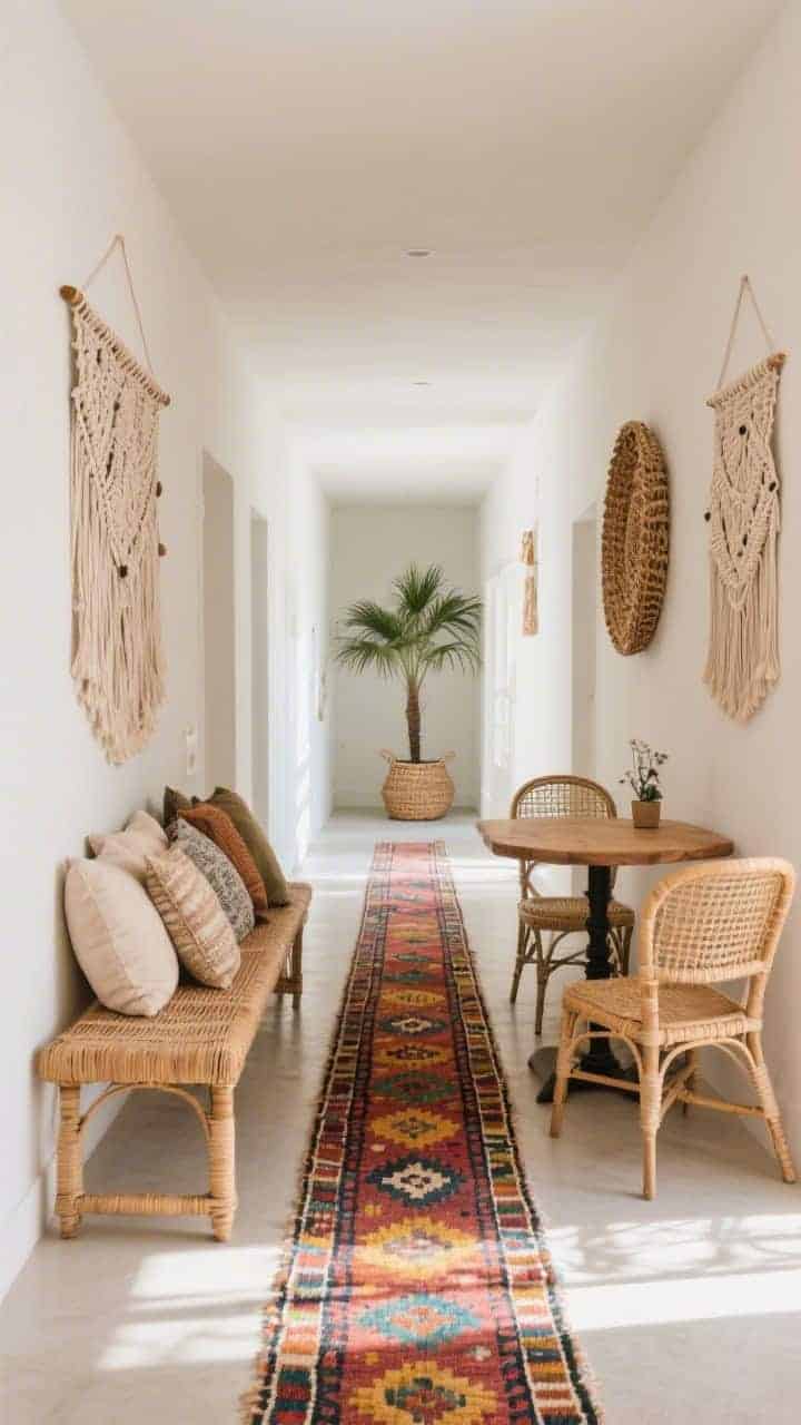 Photorealistic corridor wide shot: colorful vintage kilim runner down the floor; slim rattan bench against the wall with a cluster of textured pillows; small bistro table with a wood top; mismatched pair of rattan chairs; macrame wall art and a palm in a woven basket; sun-washed boho feel with soft daylight.