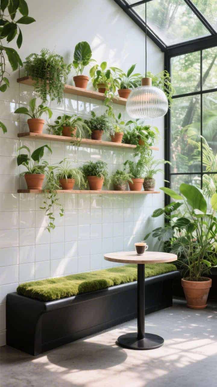 Photorealistic medium greenhouse vibe: wall of narrow floating plant shelves backed by glossy tile, lush with assorted greenery in terra-cotta pots; slim black bench with moss-colored cushion beneath; tiny round café table; ribbed glass pendant scattering sunlight; micro-jungle meets espresso, bright natural light.