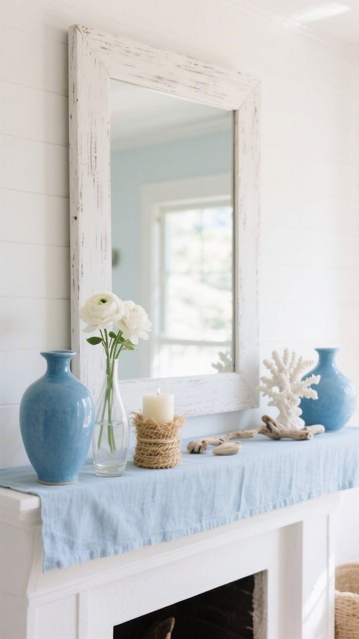 Photorealistic medium shot of a coastal-inspired mantle: a large whitewashed mirror centered above a white mantle, pale blue linen runner on the ledge, sky-blue ceramic vases, a slender clear vase with white ranunculus, a seagrass-wrapped candle, soft-white coral-shaped sculptures, and a few small driftwood pieces; color palette of white, sand, and sky blue; bright natural morning light, straight-on view, airy and calm.