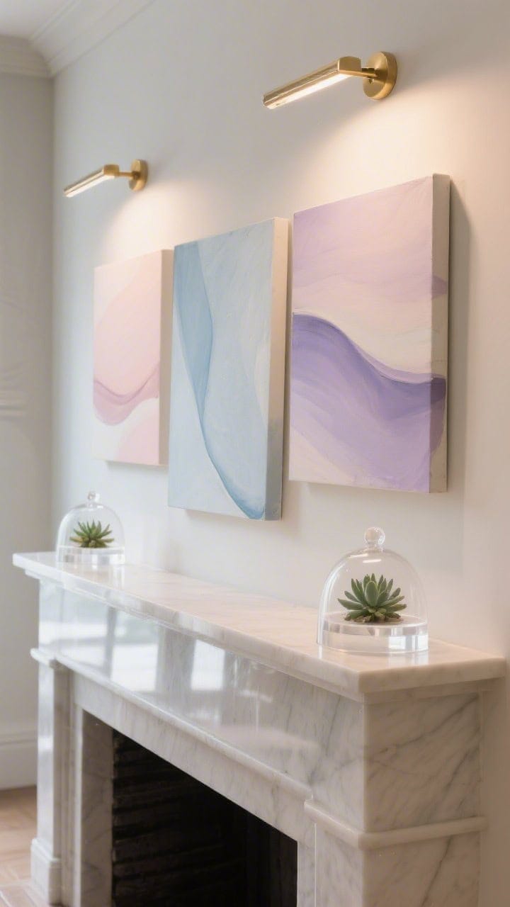 Photorealistic medium shot of a gallery-style mantle: three pastel abstract canvases—soft blush, foggy blue, muted lilac—leaned and slightly overlapping; sleek acrylic risers holding tiny cloche-covered succulents; two slim brass picture lights above casting a warm museum glow; neutral wall, uncluttered surface; angled perspective to show layering and reflections.