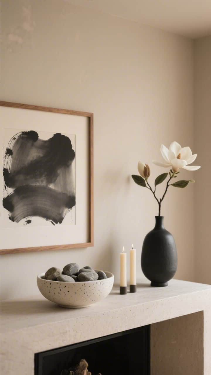 Photorealistic medium shot of a Japandi-serene mantle: charcoal-toned ink wash print in a thin oak frame, a low wide speckled-cream ceramic bowl filled with smooth river stones, a matte black vase with a single ikebana-style magnolia or camellia stem, and two short pillar candles; warm neutral wall; calm, even lighting; straight-on minimal composition emphasizing negative space.