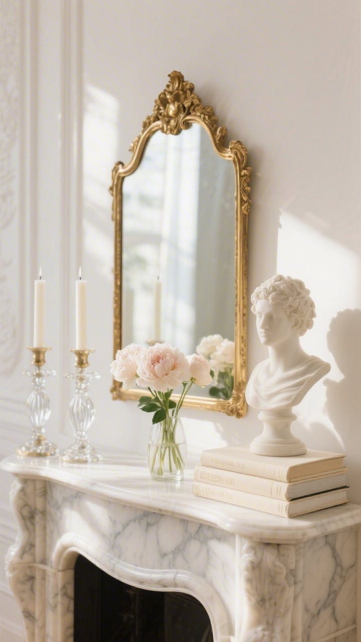 Photorealistic medium shot of a Parisian-light mantle: petite antique-style gold mirror, a slim marble bust, paired crystal candlesticks with ivory tapers, a small bud vase of pale peonies, and stacked cream books with deckled edges; gentle morning light catching soft gilded and crystal glints without glare; straight-on composition, refined and bright.
