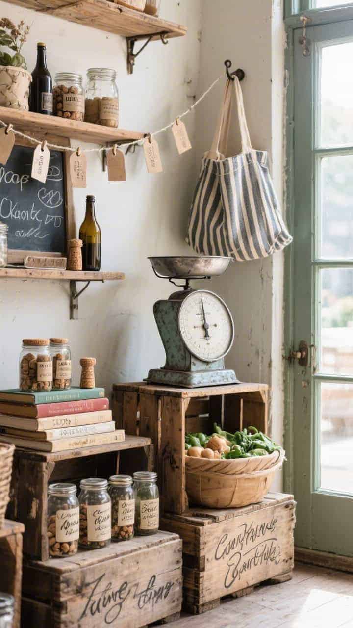 Photorealistic medium shot of a vintage market mix. Wooden crates used as risers, a metal produce scale, and calligraphy-labeled jars. Cookbooks stacked horizontally to vary height. Old corked bottles dotted in, a chalkboard tag garland draped, and a stripey market bag hung from a peg. Lived-in, collected feel, natural window light.