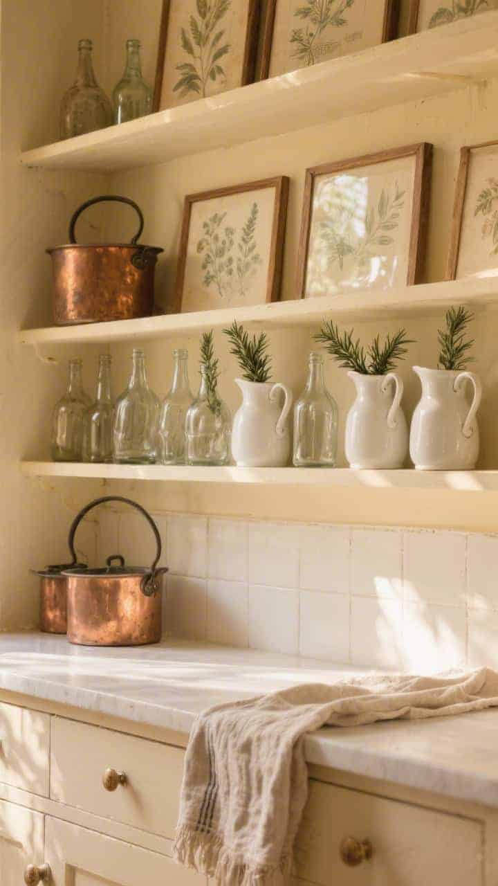 Photorealistic medium shot of open shelves painted warm cream, bathed in golden, sun-washed light. Aged copper pots lean against a light backsplash, white ironstone pitchers lined in a neat row. Layer slim wood-framed faded botanical prints behind a cluster of vintage glass bottles holding rosemary sprigs. A textured linen runner drapes casually along the lower shelf. Soft, cozy cottage mood, no people.