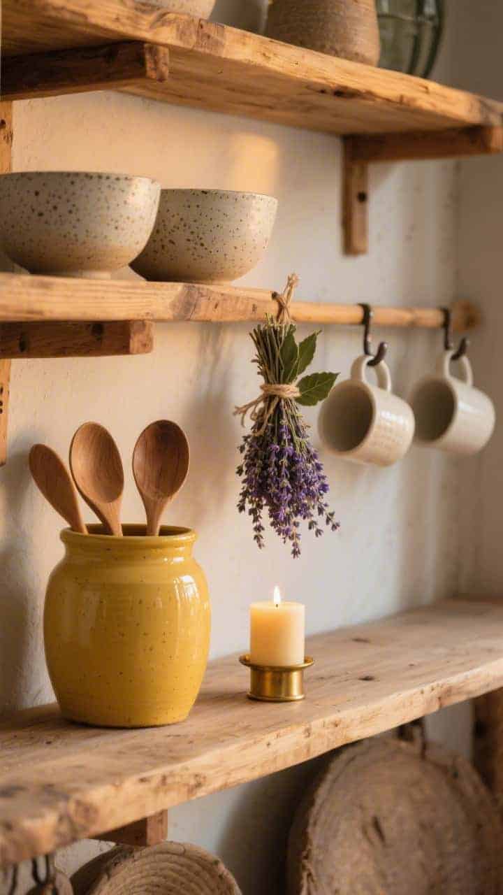 Photorealistic medium shot of raw, honey-toned oak shelves. Speckled stoneware bowls, mug hooks beneath holding simple mugs. Bundles of dried lavender and bay tied with twine hang or rest along shelves. A butter-yellow ceramic crock brims with wooden spoons; a beeswax taper candle in a brass holder glows softly. Warm, organic dusk lighting.