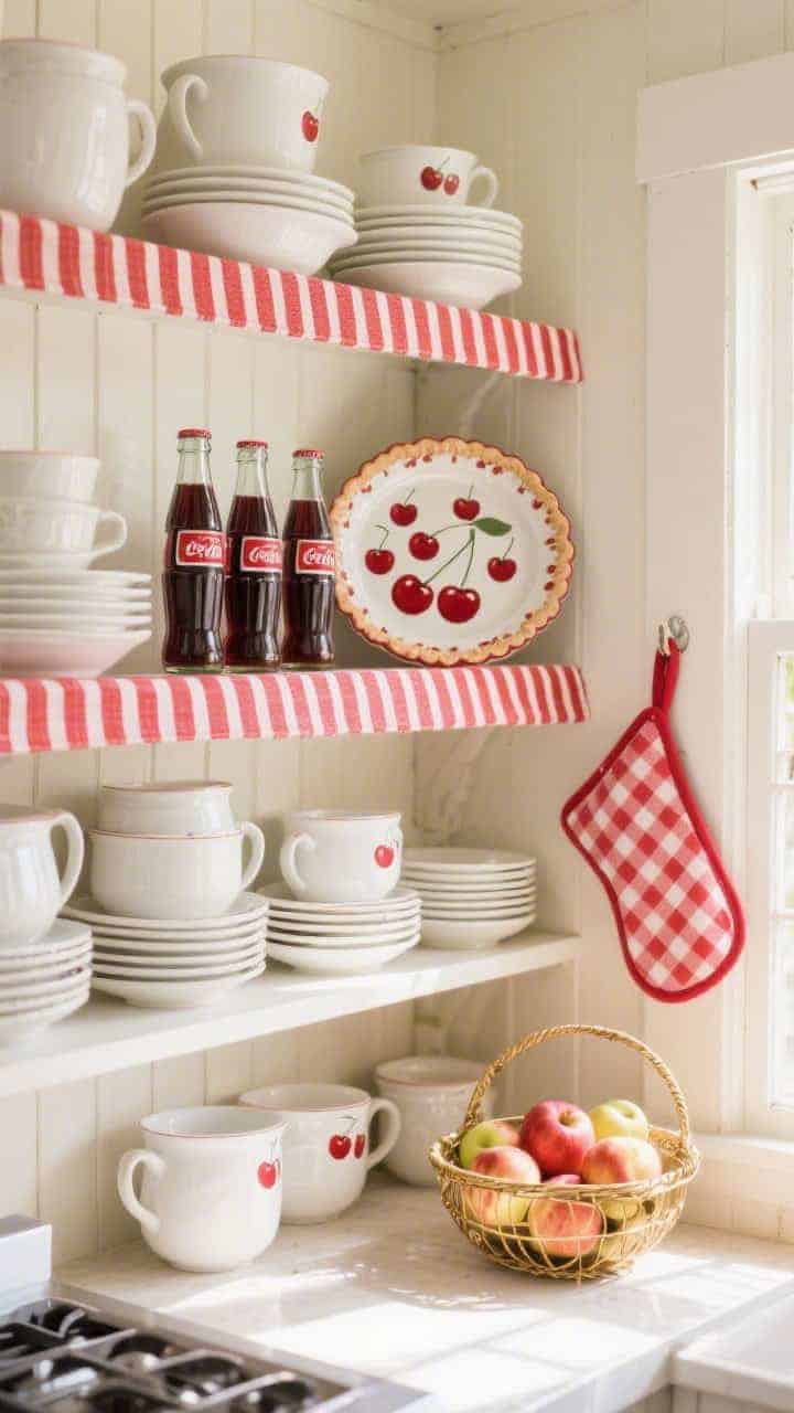 Photorealistic medium shot of shelves dressed in red-ticking stripe runners. Creamware stacks paired with cheerful cherry-red accents. Include vintage soda bottles, a cherry-printed pie dish, and a gingham potholder hooked to the side. A brass fruit basket brimming with apples completes the Americana cottage vibe. Bright, sunny kitchen light.