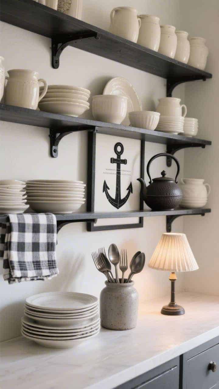 Photorealistic medium shot with matte black brackets supporting shelves styled with cream crockery. A charcoal-and-white gingham accent folded among stacks of napkins. Flatware corralled in a stoneware utensil jar. Anchor with a black-framed farmhouse print and a cast-iron teapot. A small mini lamp with a pleated shade adds a warm nighttime glow.