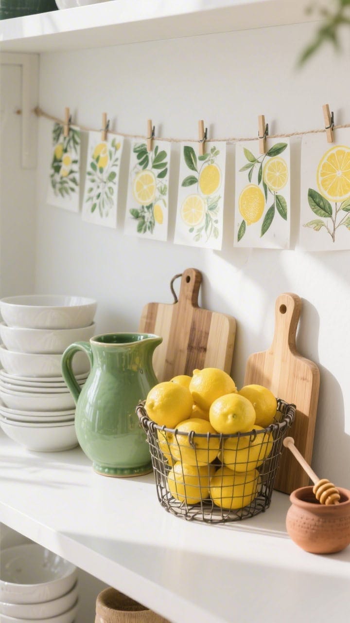 Photorealistic overhead detail of a shelf backlined with botanical citrus prints clipped to a string. Stacks of white bowls nearby, a wire basket brimming with bright lemons. Include a green-glazed pitcher, bamboo cutting boards, and a small pot holding a honey dipper. Zesty, clean mood with crisp, sunlit highlights.