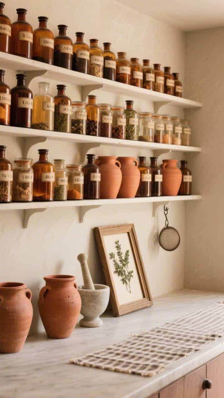 Photorealistic straight-on medium shot of an apothecary spice wall. Rows of apothecary spice jars and labeled amber bottles, accented by terracotta crocks. Earthy palette of rust, clay, and cream. Include a small mortar and pestle, a pressed-herb frame, and a tea strainer on a hook. A subtle striped runner grounds the scene. Warm, muted lighting.