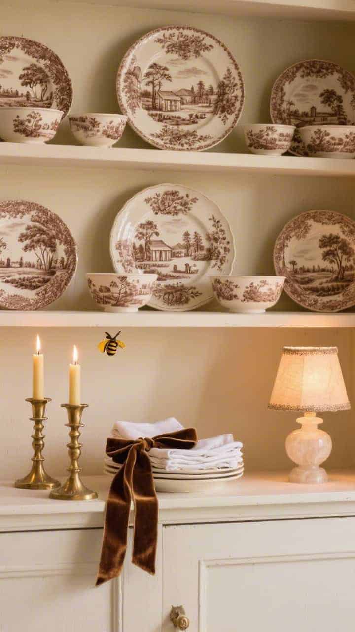 Photorealistic straight-on medium shot of creamy shelves styled with brown transferware—pastoral scenes on plates and bowls—against a soft backdrop. Brass candlesticks with beeswax tapers flicker; a velvet ribbon ties a stack of napkins. A mini alabaster lamp casts a gentle, candlelit evening glow. Warm, elegant cottage ambiance.
