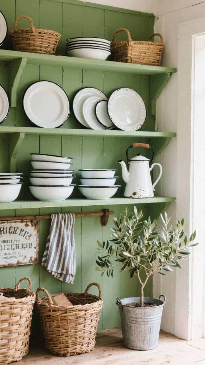 Photorealistic straight-on medium shot of shelves painted heritage farmhouse green. White enamelware with black rims pops: stacked pie plates, nested mixing bowls, an old enamel coffee pot propped like sculpture. Include wicker baskets, a tin sign with faded lettering, a striped tea towel, and a small olive tree in a galvanized pail. Bright, market-fresh feel, natural daylight.