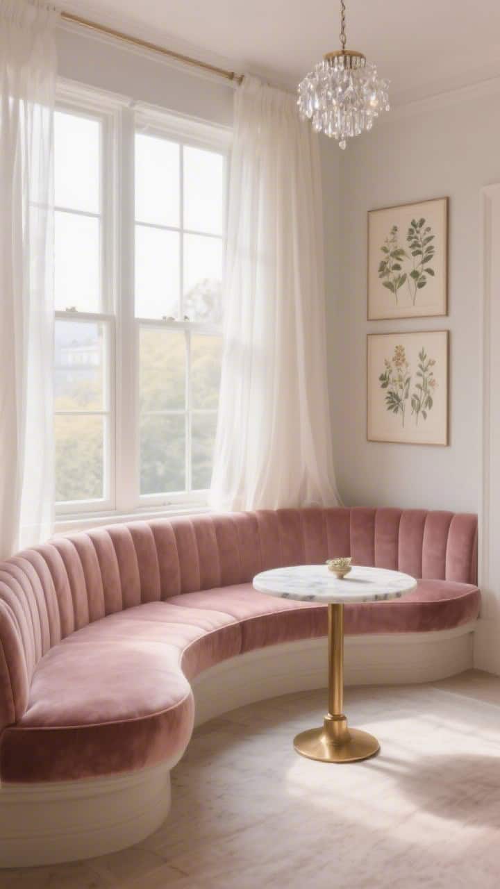 Photorealistic wide bay window shot: curved velvet banquette in dusty rose hugging the shallow bay; small round marble-top table on a brass base; sheer ivory curtains that lightly pool on the floor; petite crystal flush mount overhead sparkling softly; vintage botanical prints on adjacent wall; romantic, soft morning glow.