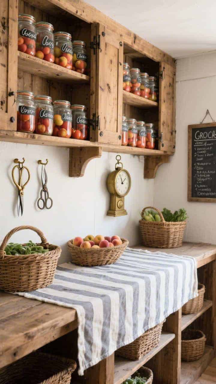 Photorealistic wide shot of a rustic pantry wall: open pine shelves lined with hinged-lid glass jars labeled in looping script. Neat rows of canned tomatoes and peaches. A striped linen runner across a shelf, wicker produce baskets, and shears hanging on a brass hook. Include a scale clock and a chalkboard grocery list. Functional, old-world vibe, even daylight.