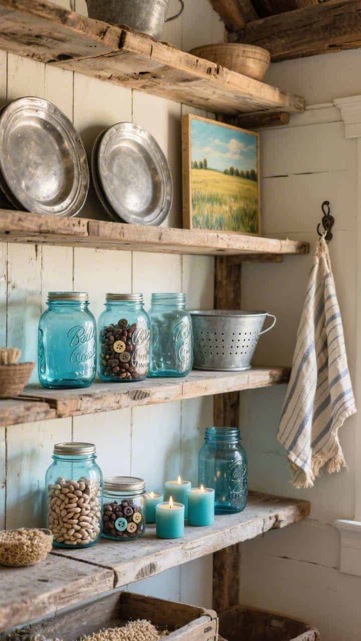 Photorealistic wide shot of aged barn-wood shelves glowing with blue Mason jars like creek water. Jars filled with dried beans, buttons, and tealights for texture. Balance with pewter plates, a tin colander, and a striped grain sack towel slung from a hook. A petite oil painting of a field anchors the palette. Warm, rustic afternoon light.
