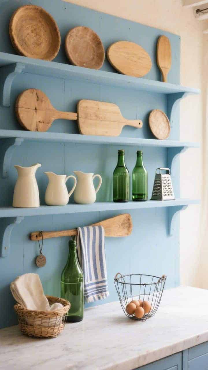 Photorealistic wide shot of French blue shelves. A layered breadboard gallery of rounds, ovals, and paddles stands behind cream pitchers and vintage graters. Olive-green glass bottles catch light; a striped bistro towel and a wire egg basket round out the composition. Soft, airy Provençal mood, diffuse daylight.