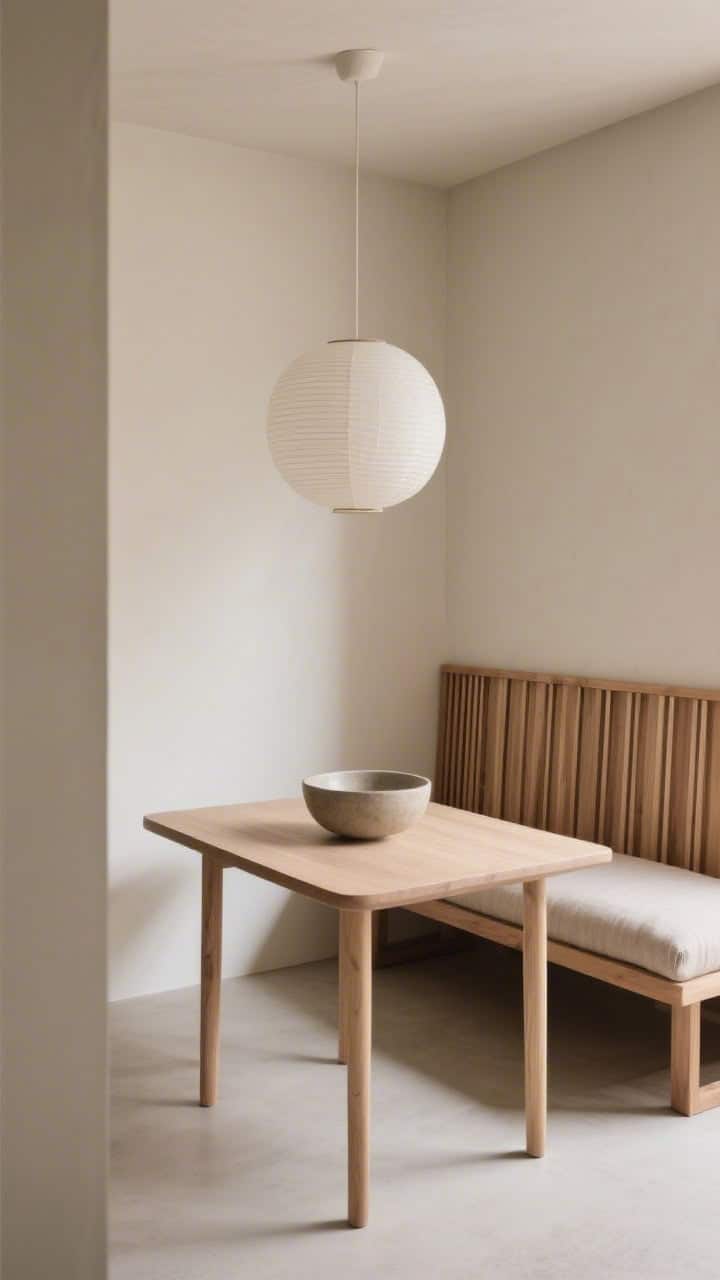 Photorealistic wide shot with serene tones: Japandi nook featuring a slatted oak backrest along a narrow wall, bench cushion in flax linen; delicate rectangular ash table with rounded corners; putty-colored walls; paper orb pendant centered; single sculptural stoneware bowl as a minimalist centerpiece; uncluttered, calm atmosphere with diffused daylight.